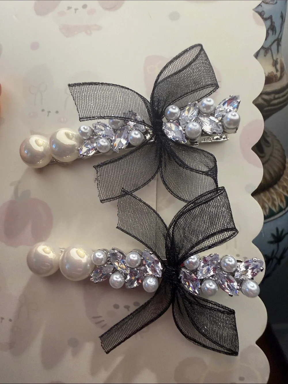 Pearl & Crystal Black Bow Hair Clips - Women Accessories